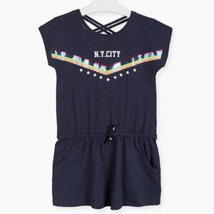 Navy Blue Kids Dress with City Print
